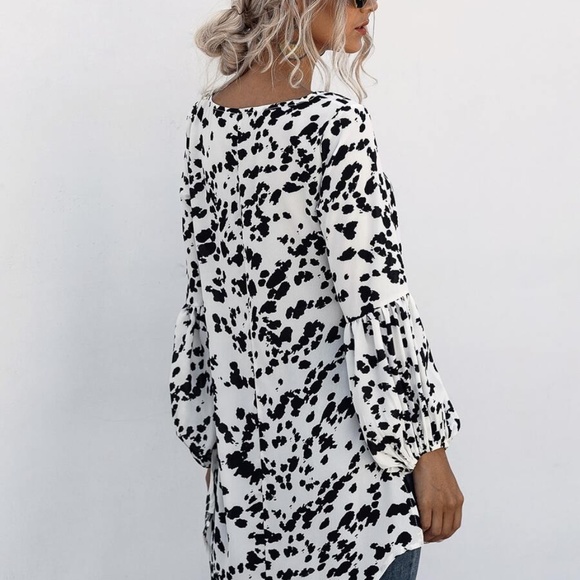 Print Lace up Long Sleeve hi lo blouse - Picture 6 of 7